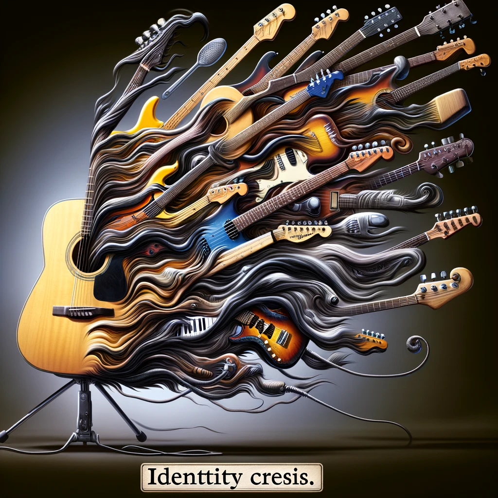 A surreal image of a guitar morphing into various musical instruments, captioned, "Identity crisis."
