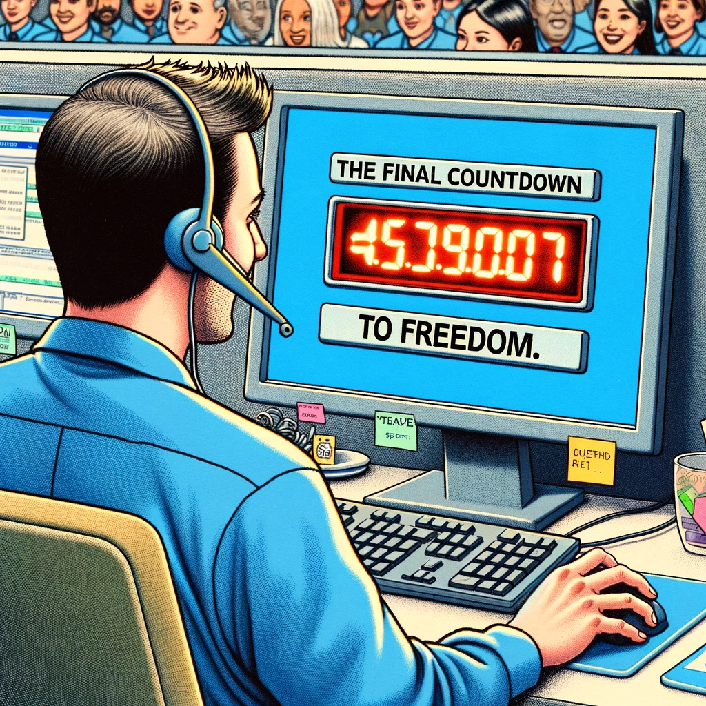 A customer service representative's computer screen showing a countdown timer for the end of their shift, with the rep watching eagerly. Caption: "The final countdown to freedom.",