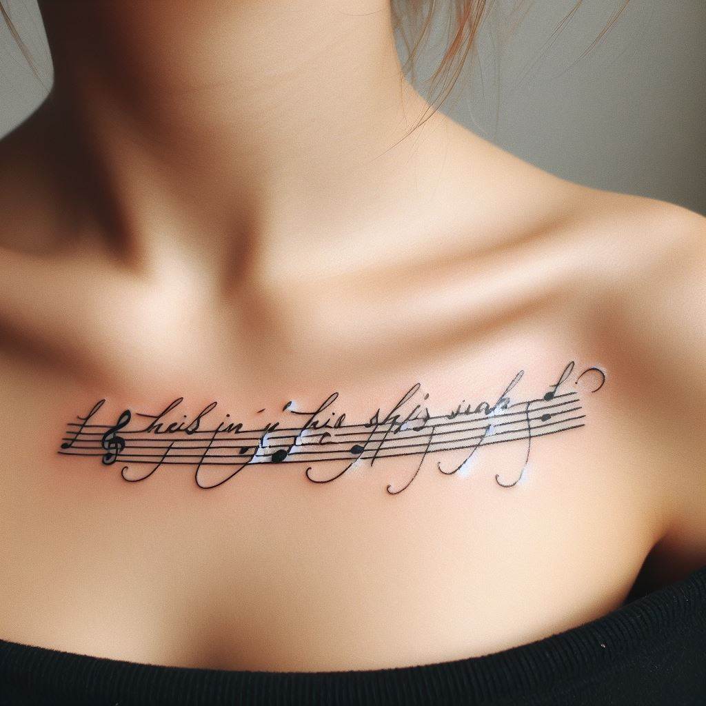 A simple, yet meaningful tattoo of a favorite musical quote written in elegant script across the collarbone. The lettering should be delicate and flowing, with musical notes interspersed between the words, personalizing the wearer’s deep connection to the lyrics and their meaning.