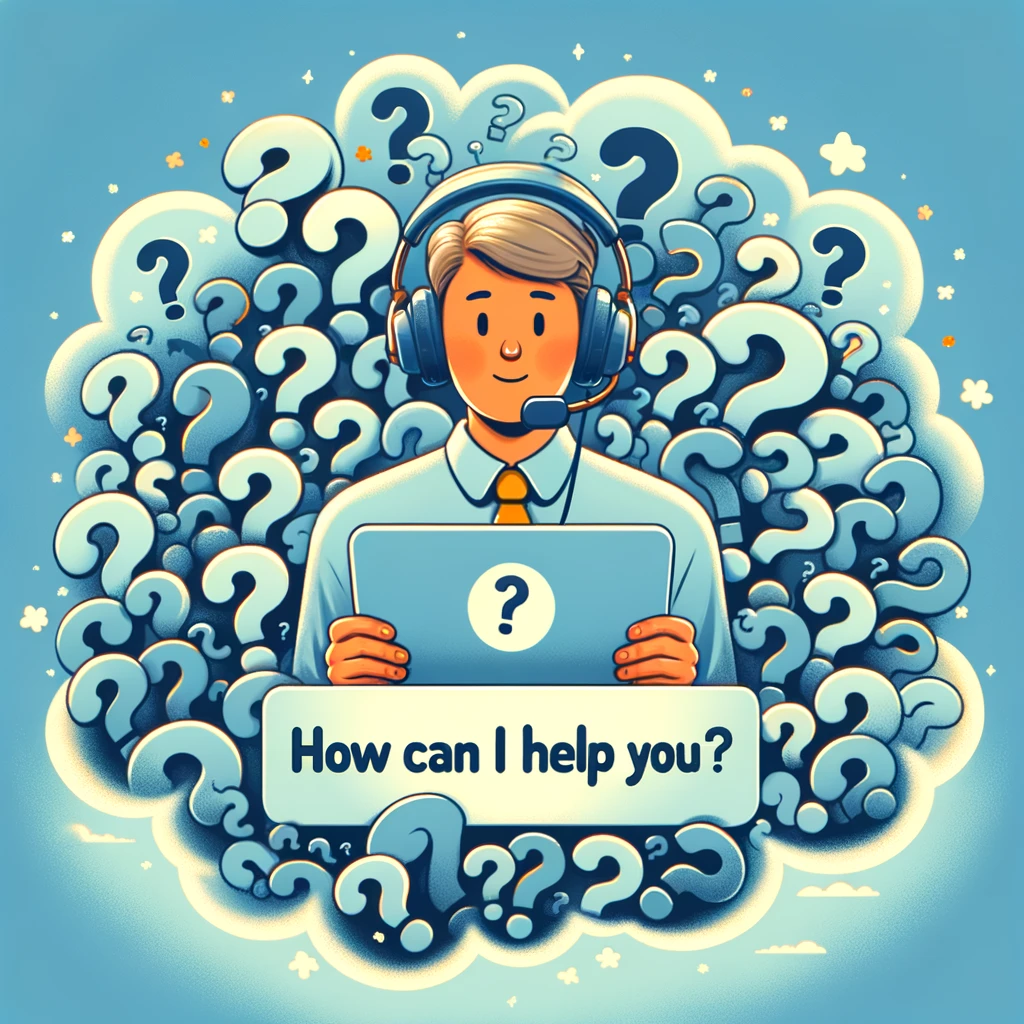 A customer service representative with headphones, surrounded by a cloud of question marks, holding a 'How can I help you?' sign. Caption: "Lost in the sea of questions.",