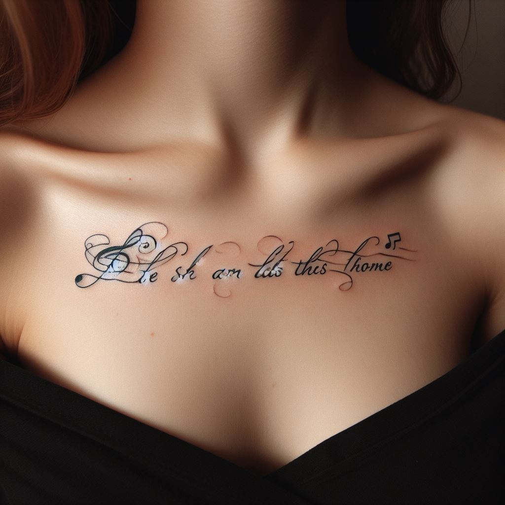 A simple, yet meaningful tattoo of a favorite musical quote written in elegant script across the collarbone. The lettering should be delicate and flowing, with musical notes interspersed between the words, personalizing the wearer’s deep connection to the lyrics and their meaning.