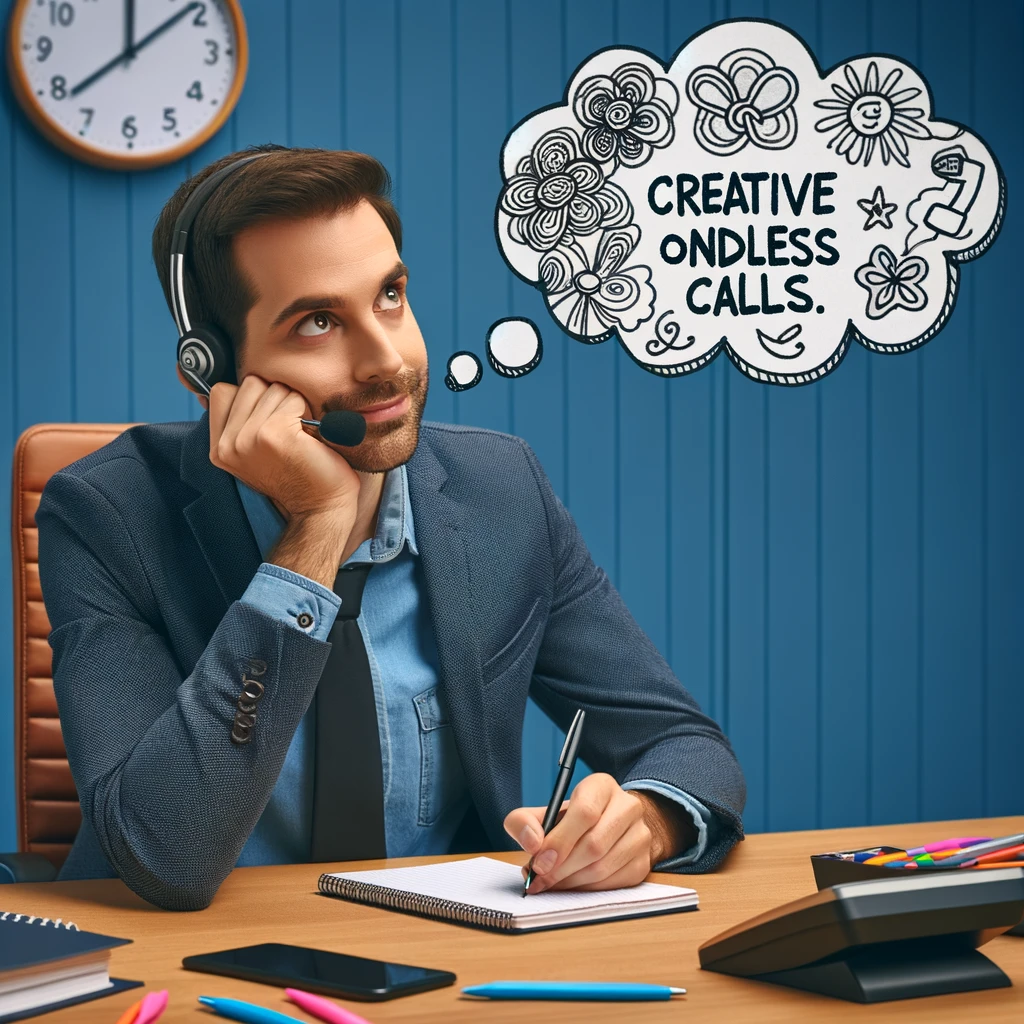 A customer service representative doodling on a notepad, daydreaming while on a long call. Caption: "Creative moments on endless calls.",