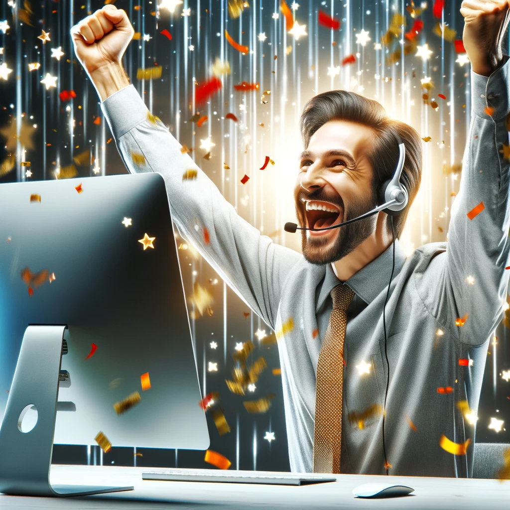 A customer service representative with a look of pure joy as they successfully resolve a difficult case, surrounded by digital confetti on the screen. Caption: "The victory dance of solving the unsolvable.",