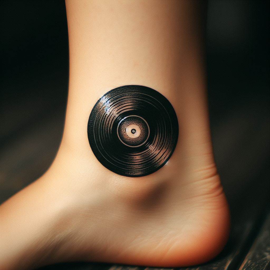 A small, intricately detailed tattoo of a vinyl record placed on the ankle. The design should include the grooves on the record, the label in the center, and a subtle reflection to add realism. This tattoo symbolizes a timeless love for music and the classic era of vinyl records.
