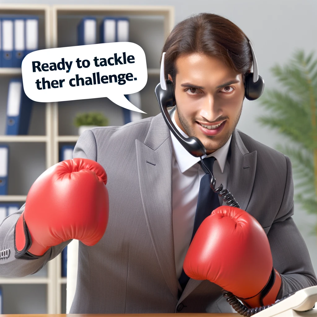 A customer service representative wearing boxing gloves, playfully sparring with a phone handset. Caption: "Ready to tackle the next challenge.",
