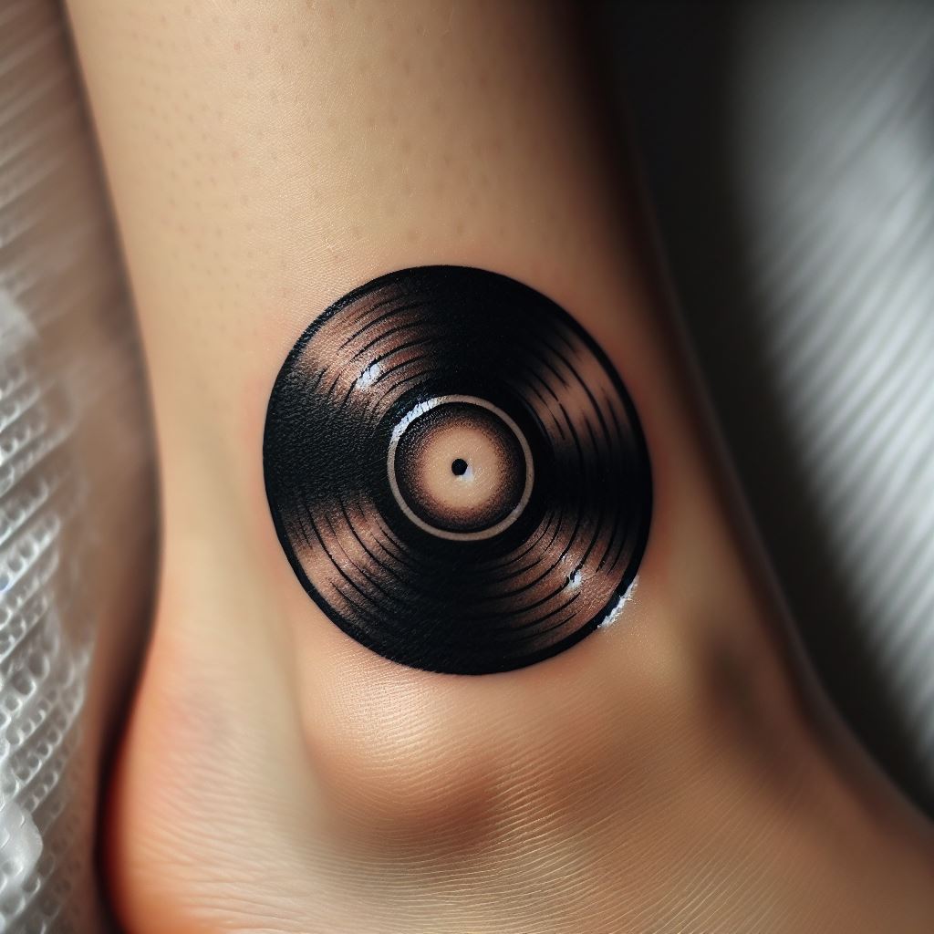 A small, intricately detailed tattoo of a vinyl record placed on the ankle. The design should include the grooves on the record, the label in the center, and a subtle reflection to add realism. This tattoo symbolizes a timeless love for music and the classic era of vinyl records.