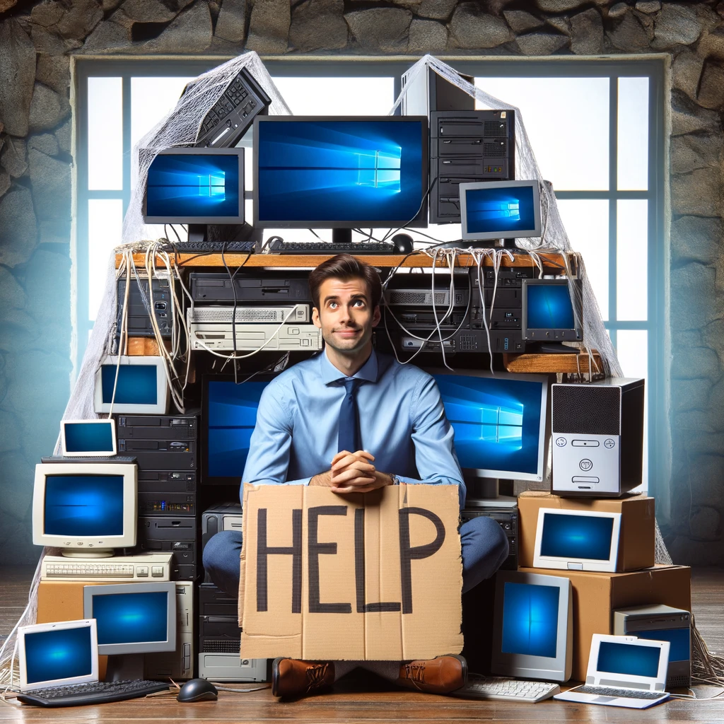 A customer service representative sitting under a makeshift fort of computer monitors, holding a 'help' sign. Caption: "When tech support becomes your best friend.",