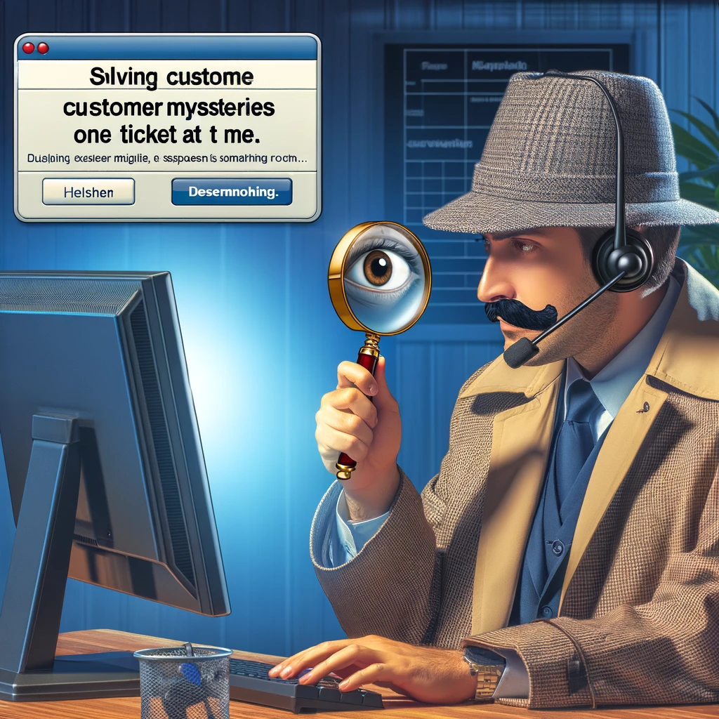 A customer service representative with a detective hat and magnifying glass, inspecting a computer screen. Caption: "Solving customer mysteries one ticket at a time.",