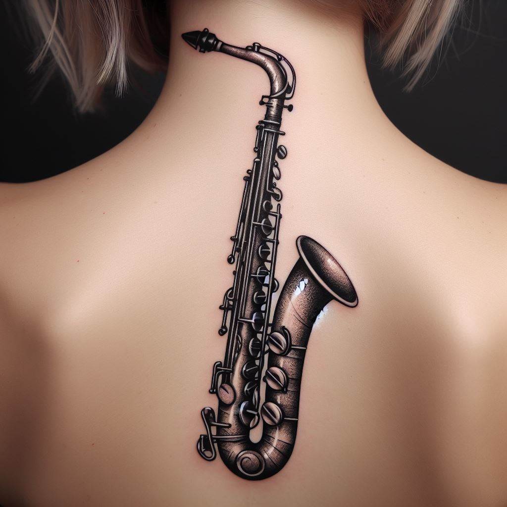 A long, slender tattoo of a saxophone that aligns perfectly with the spine, stretching from the base of the neck down to the lower back. The saxophone should be depicted with high detail, showing the keys, curves, and bell of the instrument. This design combines elegance with a passion for jazz and soul music.