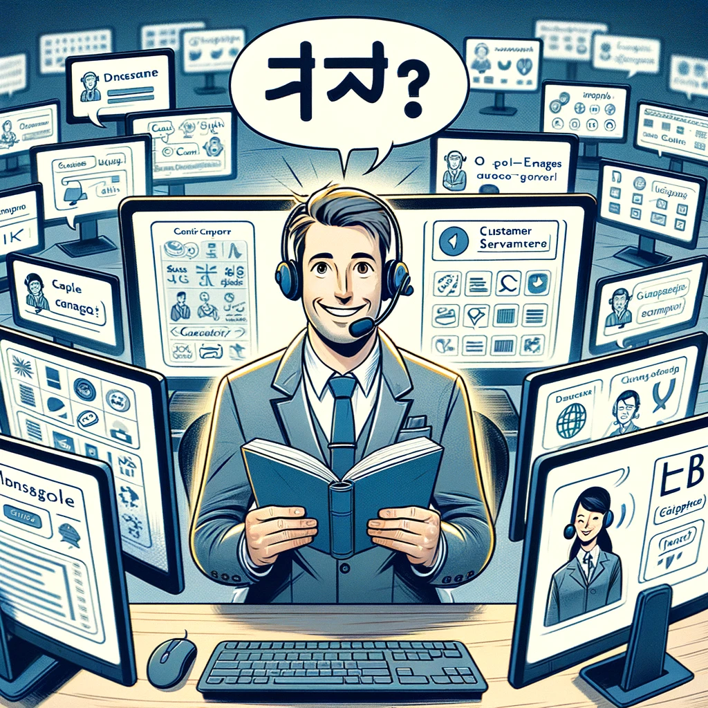 A customer service representative surrounded by screens, each displaying a different language, with a translation book in hand. Caption: "The polyglot of customer service.",