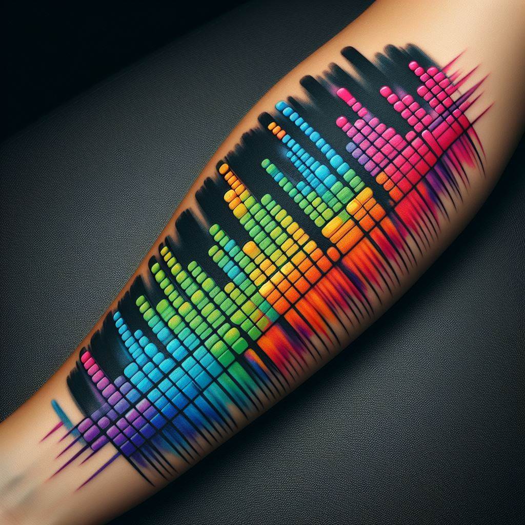 A dynamic, colorful tattoo that mimics a music equalizer, with bars of different heights and colors running across the forearm. Each bar should represent a different frequency, creating a visual representation of sound and rhythm. This tattoo is perfect for those who love music production and the science of sound.