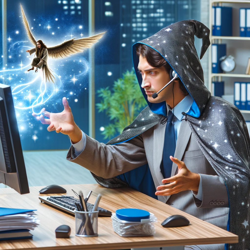 A customer service representative dressed as a wizard, casting a spell over a computer to fix a technical issue. Caption: "Summoning magical solutions for tech problems.",