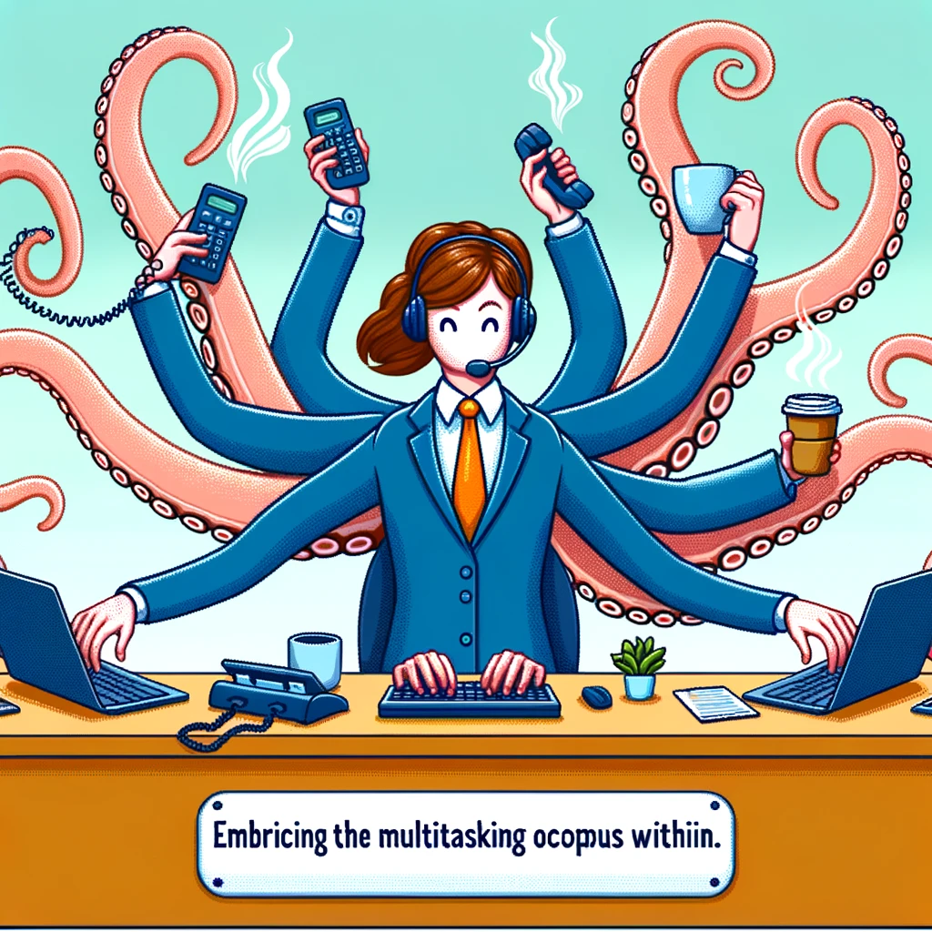 A customer service representative with multiple arms, each doing a different task (typing, answering the phone, drinking coffee). Caption: "Embracing the multitasking octopus within.",
