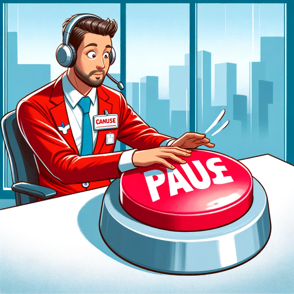 A customer service representative with a giant 'pause' button, hitting it to take a much-needed break. Caption: "When you finally get that moment of pause.",