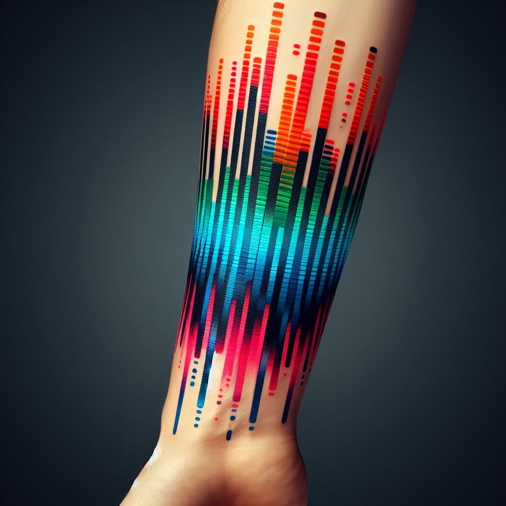 A dynamic, colorful tattoo that mimics a music equalizer, with bars of different heights and colors running across the forearm. Each bar should represent a different frequency, creating a visual representation of sound and rhythm. This tattoo is perfect for those who love music production and the science of sound.