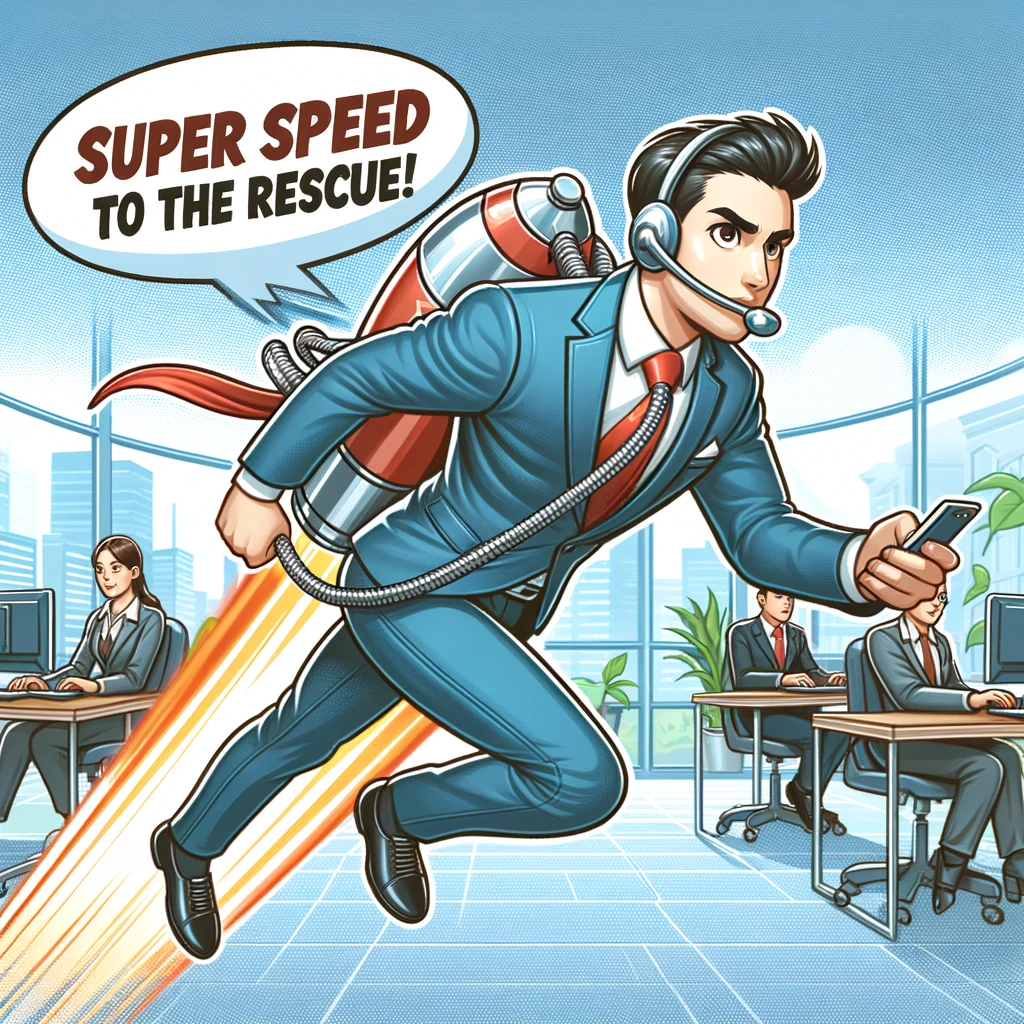 A customer service representative wearing a jetpack, zooming around to quickly resolve customer issues. Caption: "Super speed to the rescue!",