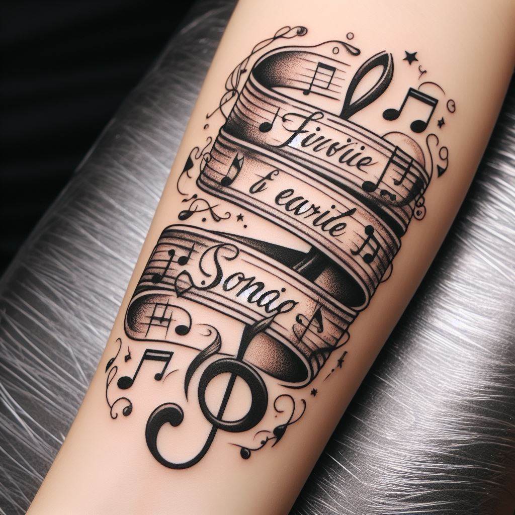 A tattoo that features a scroll or ribbon wrapped around the arm, with a favorite song's lyrics written along it. The script should be in a flowing, handwritten style, with musical notes and symbols scattered throughout. This design personalizes the wearer's connection to a song that holds special meaning.