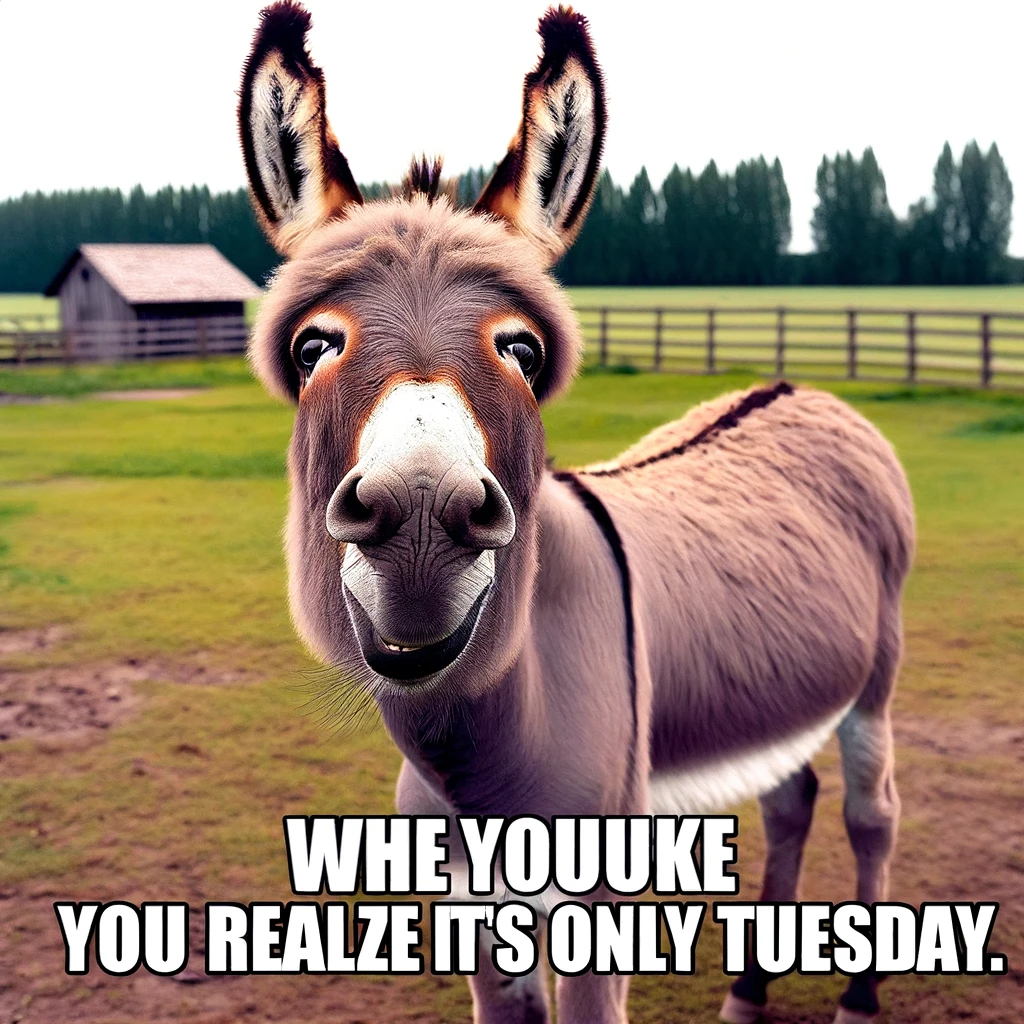 A donkey standing in a field with a puzzled expression, captioned "When you realize it's only Tuesday."