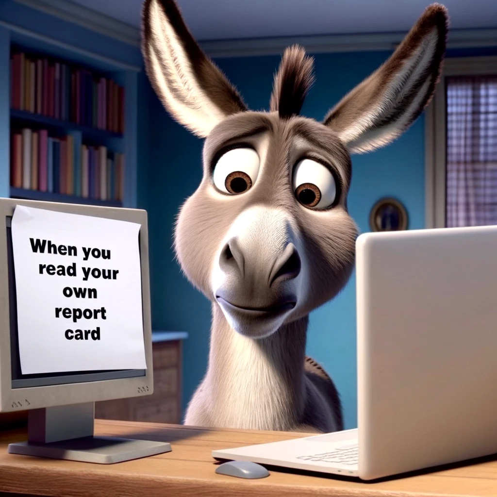 A donkey looking at a computer screen with wide eyes, captioned "When you read your own report card."