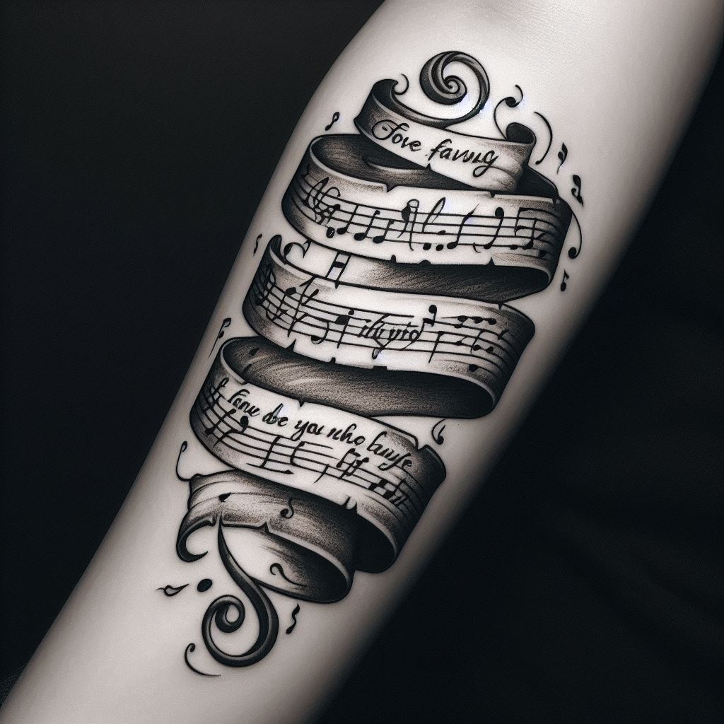 A tattoo that features a scroll or ribbon wrapped around the arm, with a favorite song's lyrics written along it. The script should be in a flowing, handwritten style, with musical notes and symbols scattered throughout. This design personalizes the wearer's connection to a song that holds special meaning.