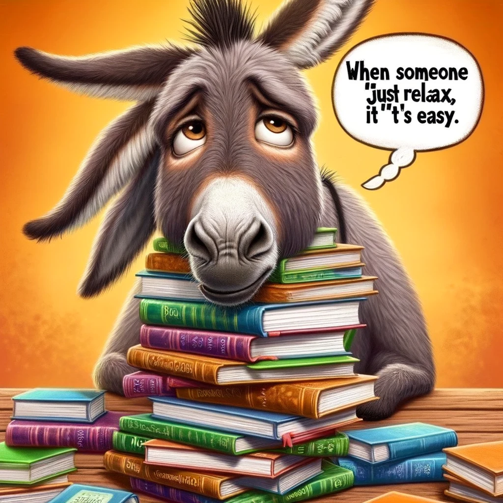A donkey with a stack of books, looking overwhelmed, captioned "When someone says 'just relax, it's easy'."