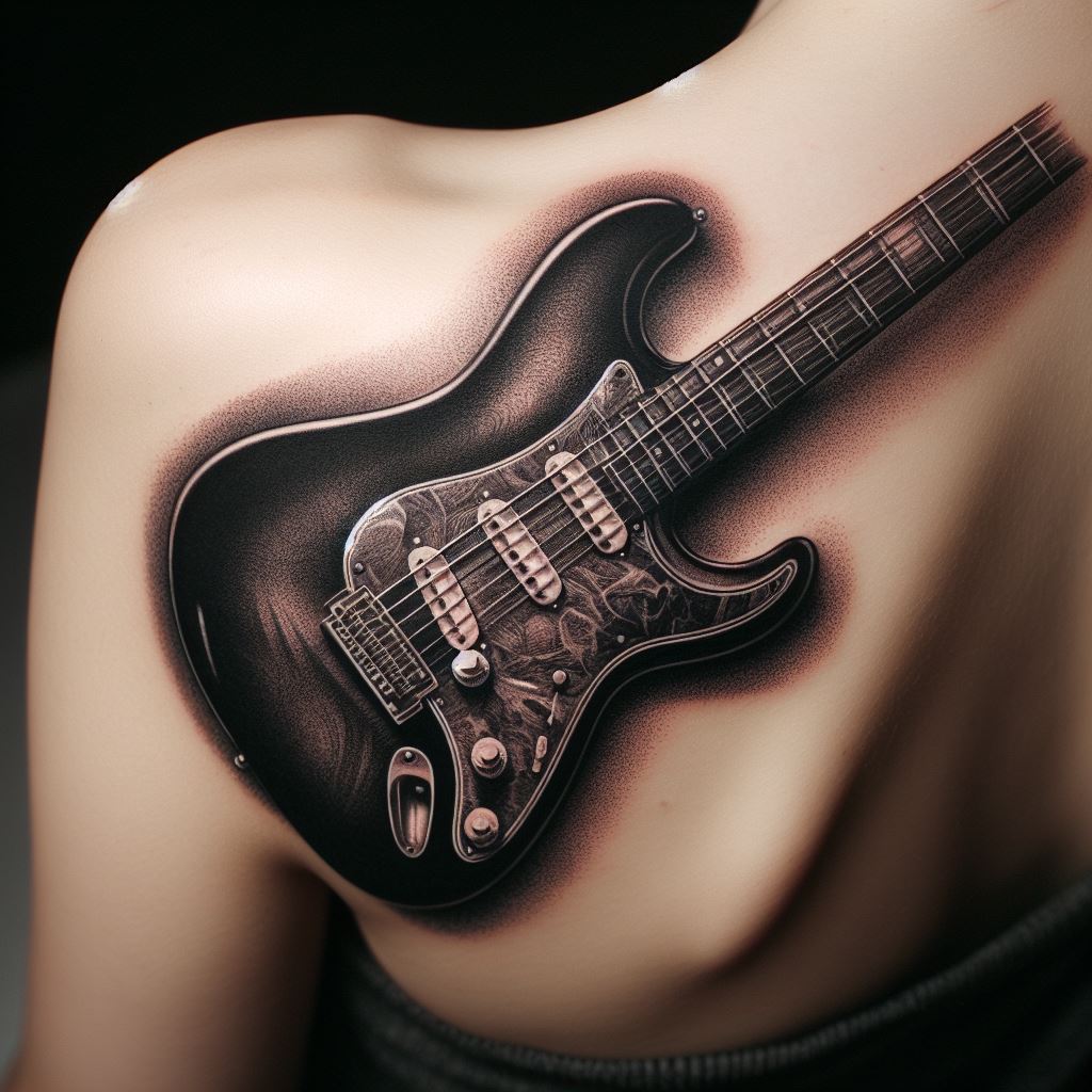 A detailed, black and gray tattoo of an electric guitar placed on the shoulder blade. The design highlights the contours and details of the guitar, including the strings, body, and headstock, with shadows adding depth. This tattoo pays homage to rock music and the electric guitar's iconic status.