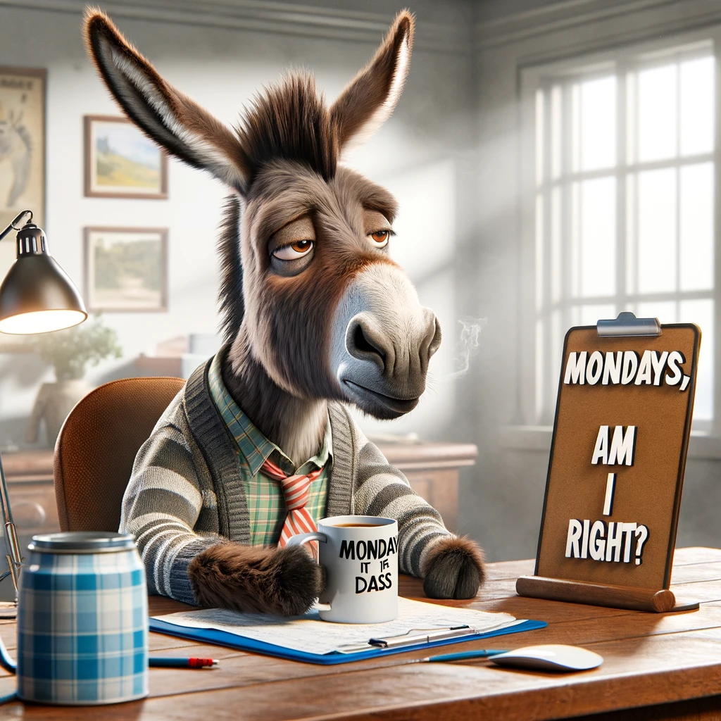 A donkey sitting at a desk with a coffee cup, looking tired, captioned "Mondays, am I right?"