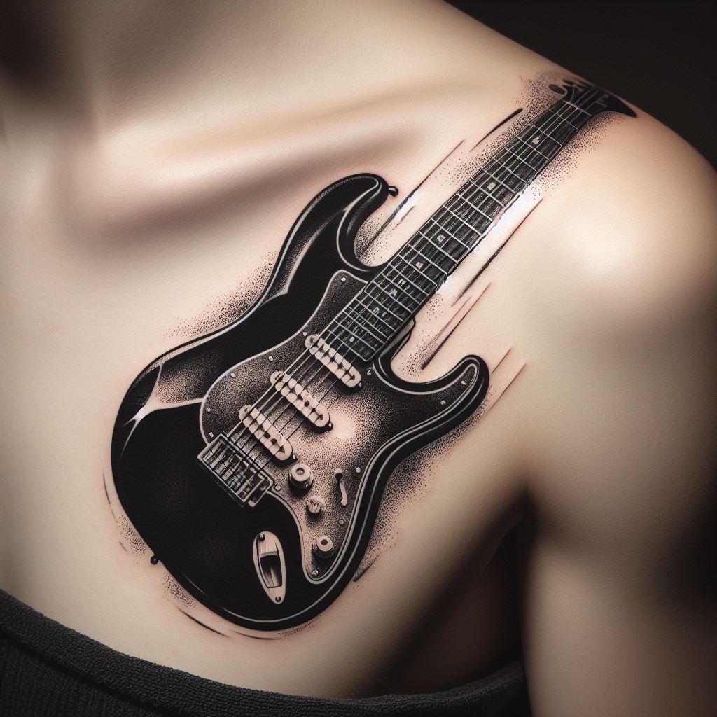 A detailed, black and gray tattoo of an electric guitar placed on the shoulder blade. The design highlights the contours and details of the guitar, including the strings, body, and headstock, with shadows adding depth. This tattoo pays homage to rock music and the electric guitar's iconic status.