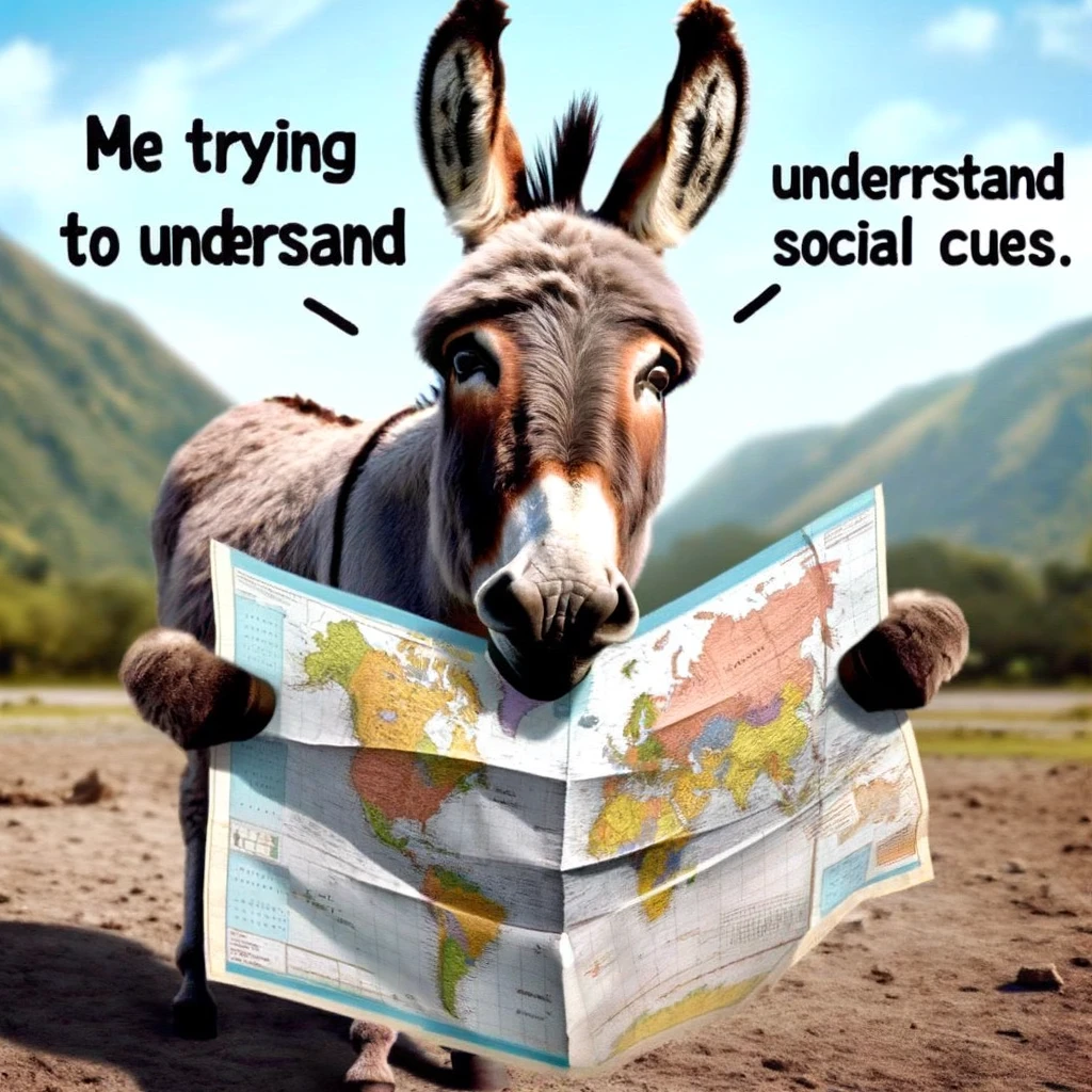 A donkey trying to read a map, looking confused, captioned "Me trying to understand social cues."