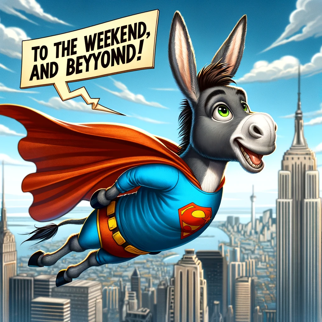 A donkey dressed as a superhero, flying above the city, captioned "To the weekend, and beyond!"