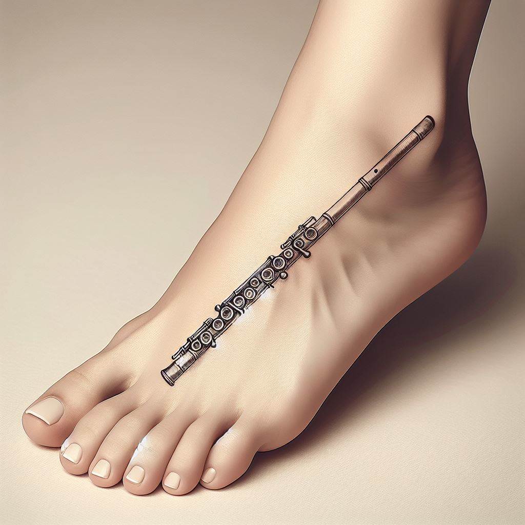 A delicate, linear tattoo of a flute stretching across the side of the foot, from the heel to the toes. The design should capture the slender form of the flute, with detailed keys and a polished finish. This tattoo symbolizes the grace and beauty of wind instruments and classical music.