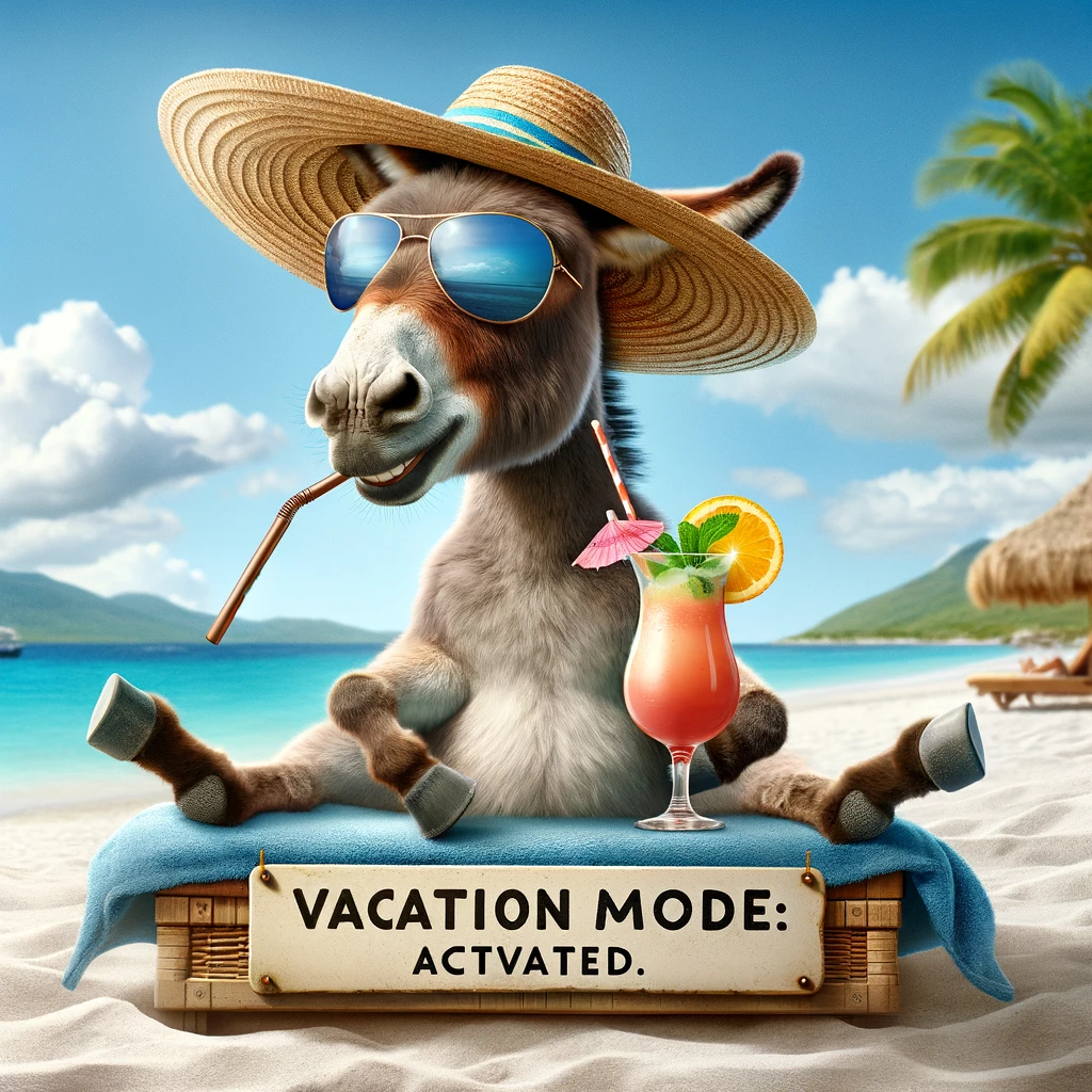 A donkey on a beach, wearing a sun hat and sunglasses, holding a cocktail, captioned "Vacation mode: activated."