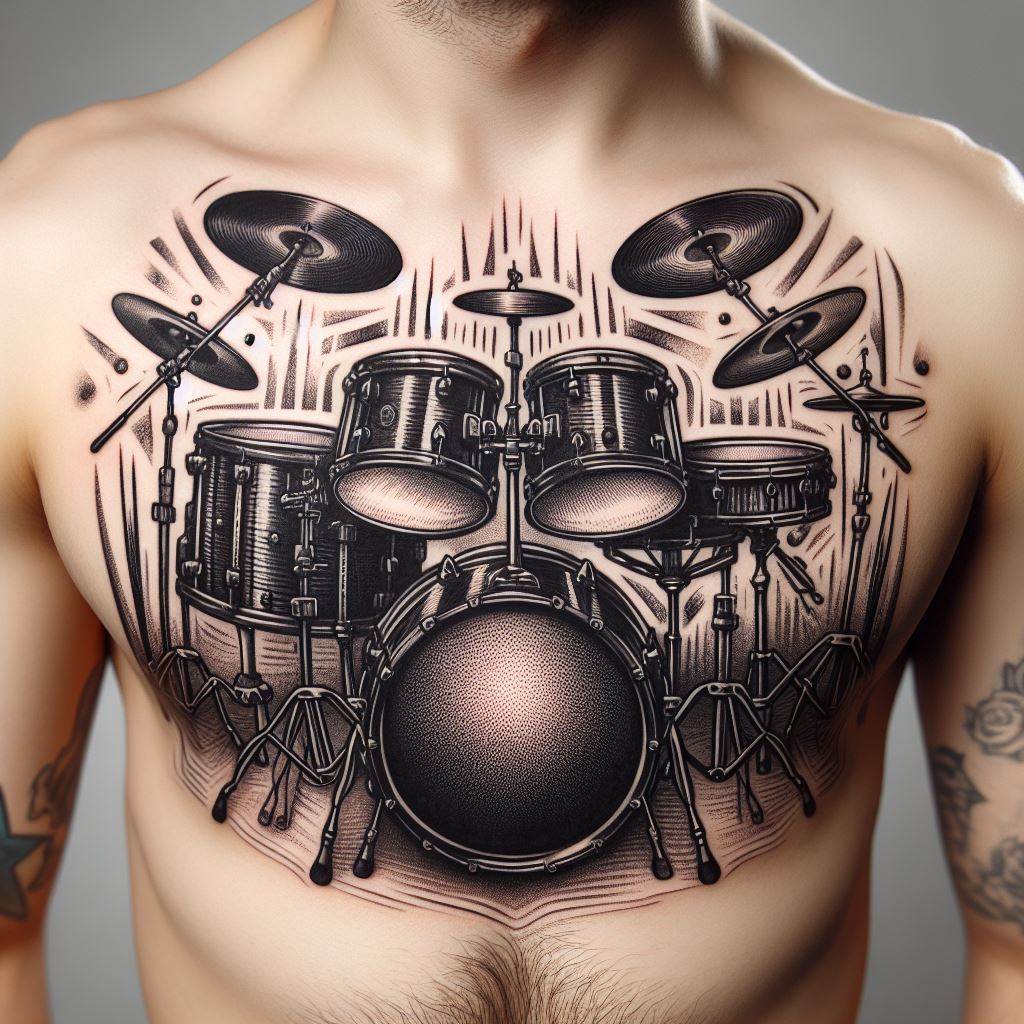 An elaborate, black ink tattoo of a drum set that covers the chest area. The design includes the bass drum, snare, toms, cymbals, and drumsticks, arranged as if set up for a performance. This tattoo is ideal for drummers and those who resonate with the heartbeat of music through percussion.