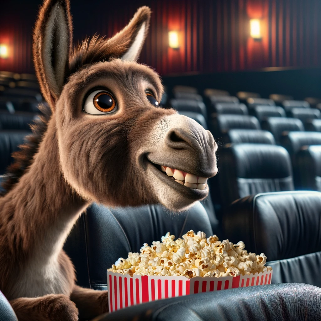 A donkey sitting in a movie theater with popcorn, looking excited, captioned "When your favorite movie starts."