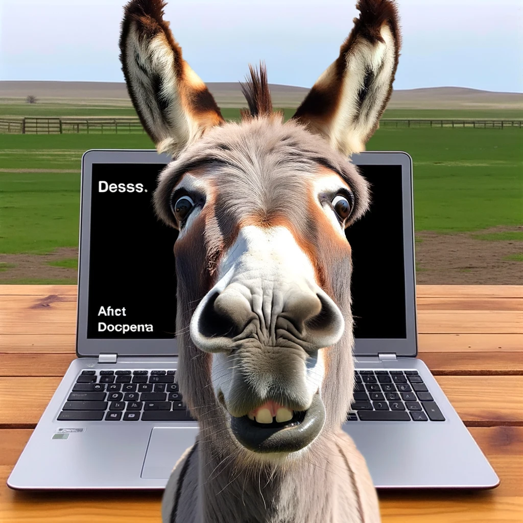 A donkey in front of a laptop, looking shocked, captioned "When you accidentally open the front camera."