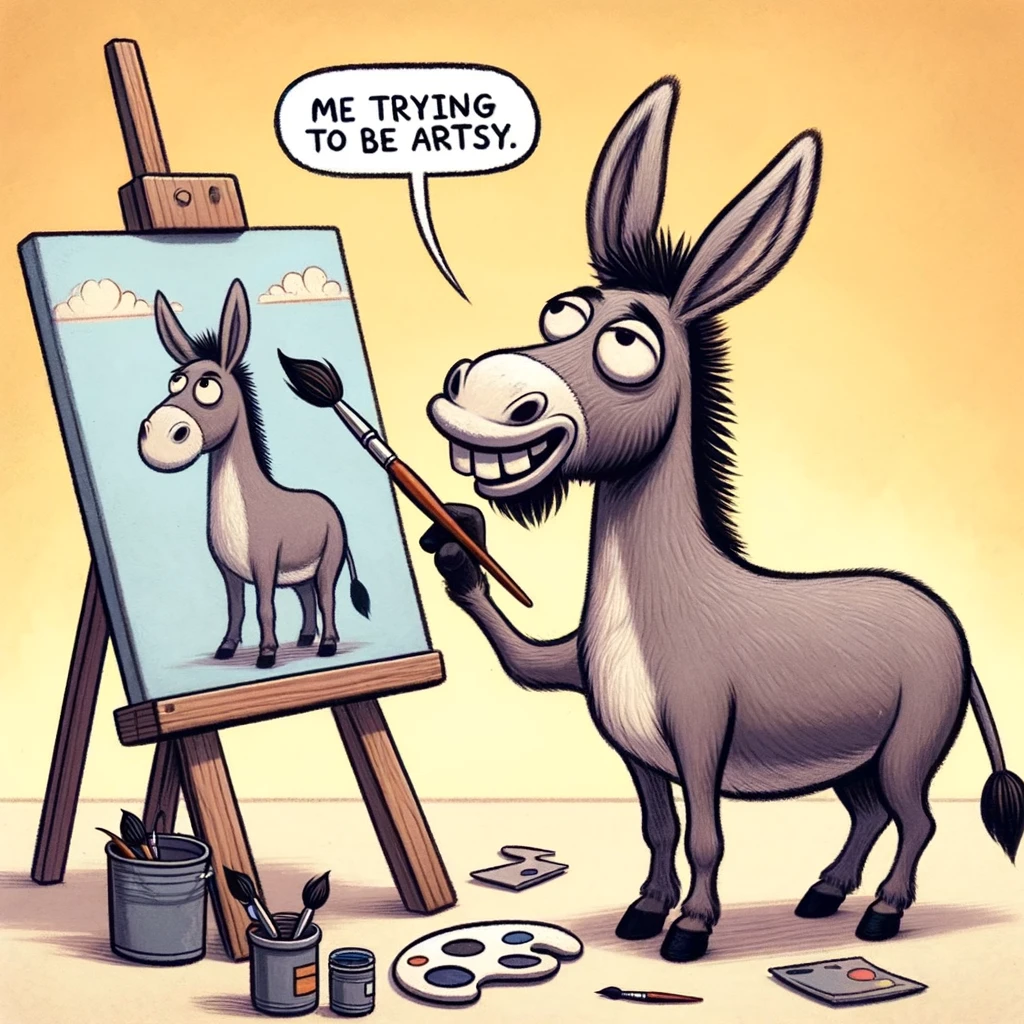 A donkey holding a paintbrush, in front of a canvas, looking puzzled, captioned "Me trying to be artsy."
