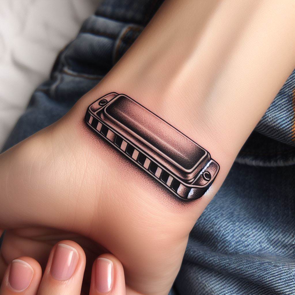 A small, but detailed tattoo of a harmonica placed on the inner wrist. The design should include the metal cover plates, wood or plastic body, and the individual holes, capturing the essence of this compact, expressive instrument. This tattoo is a tribute to blues music and the soulful sounds of the harmonica.