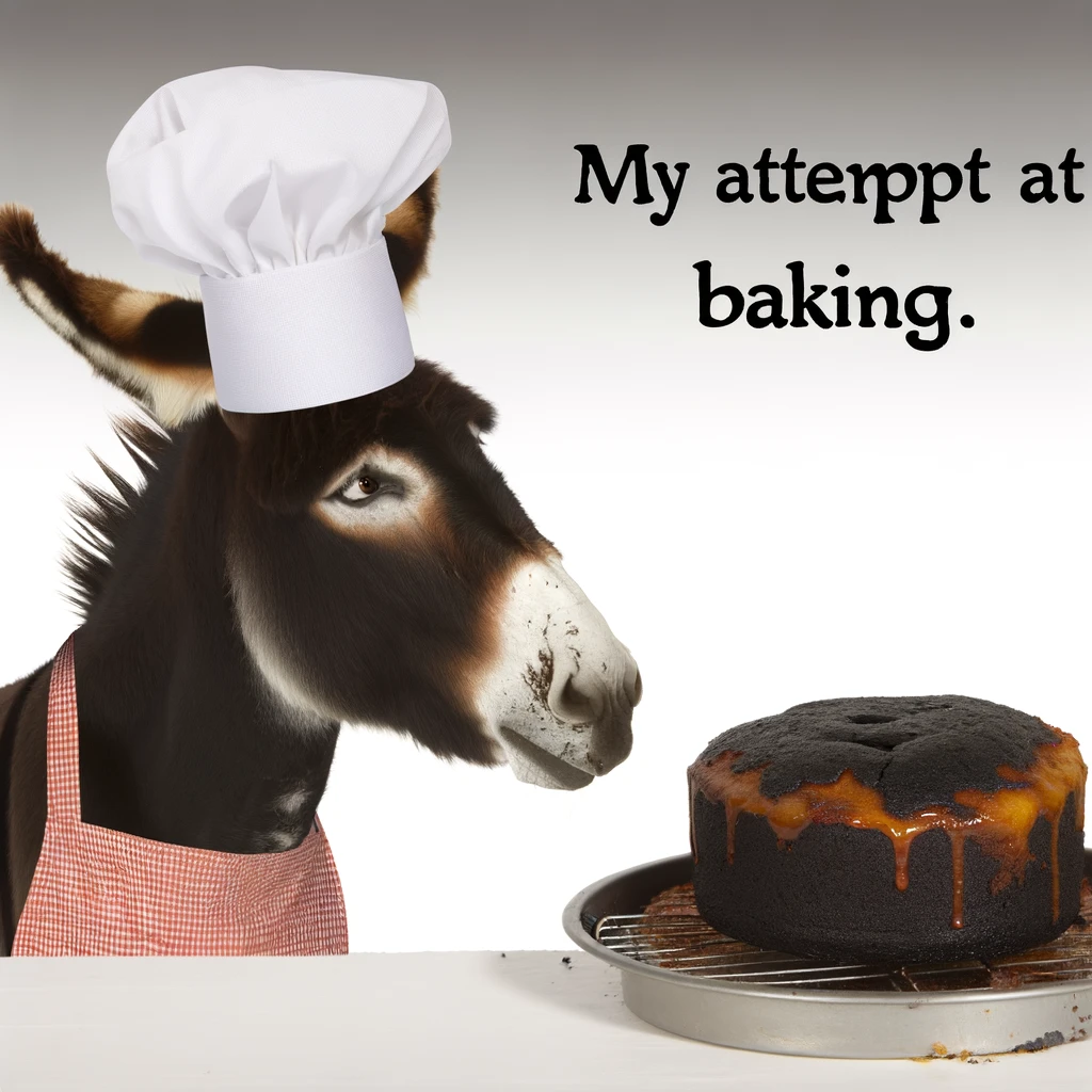 A donkey in chef's hat and apron, looking at a burnt cake, captioned "My attempt at baking."