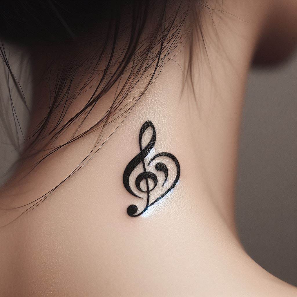 A small, yet impactful tattoo featuring a heart shape made out of a bass clef and treble clef intertwined, positioned on the side of the neck. This design combines love for music with a delicate artistic touch, using black ink to highlight the elegance and simplicity of the symbols.