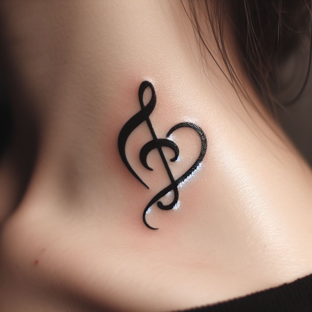 A small, yet impactful tattoo featuring a heart shape made out of a bass clef and treble clef intertwined, positioned on the side of the neck. This design combines love for music with a delicate artistic touch, using black ink to highlight the elegance and simplicity of the symbols.
