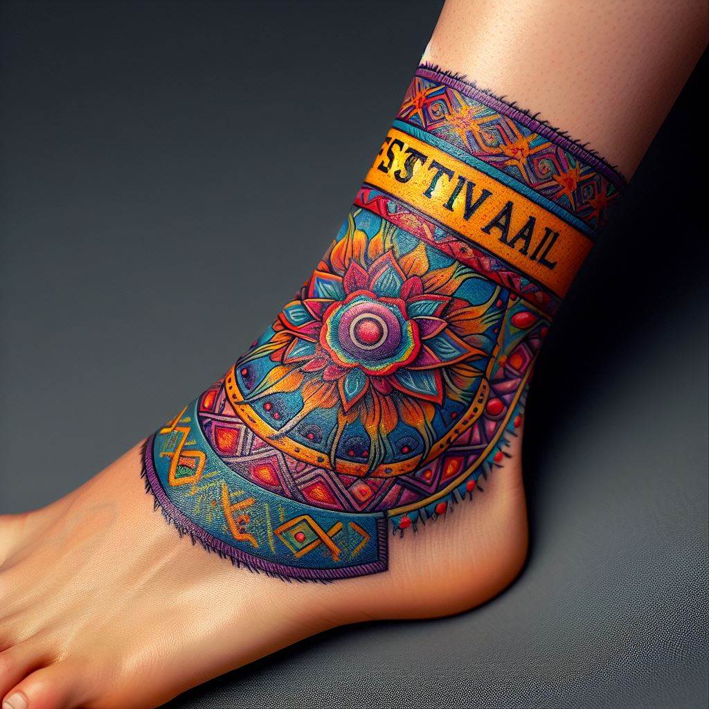 A colorful, realistic tattoo mimicking a cloth festival wristband wrapped around the ankle. The design should include intricate patterns and the names of favorite music festivals, capturing the vibrant spirit and communal joy of live music events. This tattoo is a permanent reminder of unforgettable musical experiences.