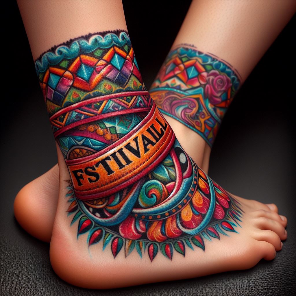 A colorful, realistic tattoo mimicking a cloth festival wristband wrapped around the ankle. The design should include intricate patterns and the names of favorite music festivals, capturing the vibrant spirit and communal joy of live music events. This tattoo is a permanent reminder of unforgettable musical experiences.