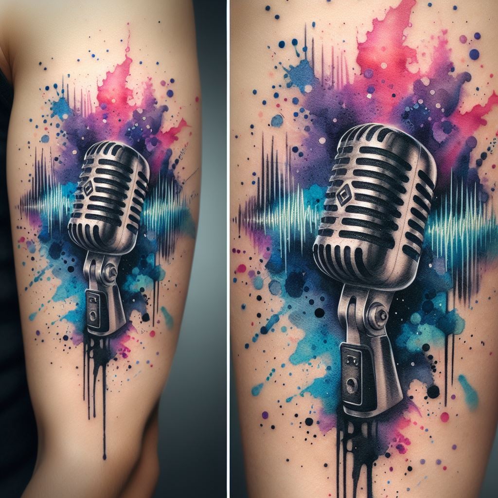 A dynamic tattoo of a vintage microphone with a splash of watercolor background, located on the upper arm. The microphone should be detailed in black ink, while the watercolor splashes behind it mimic sound waves in vibrant blues, purples, and pinks, symbolizing the power and emotion of the voice.