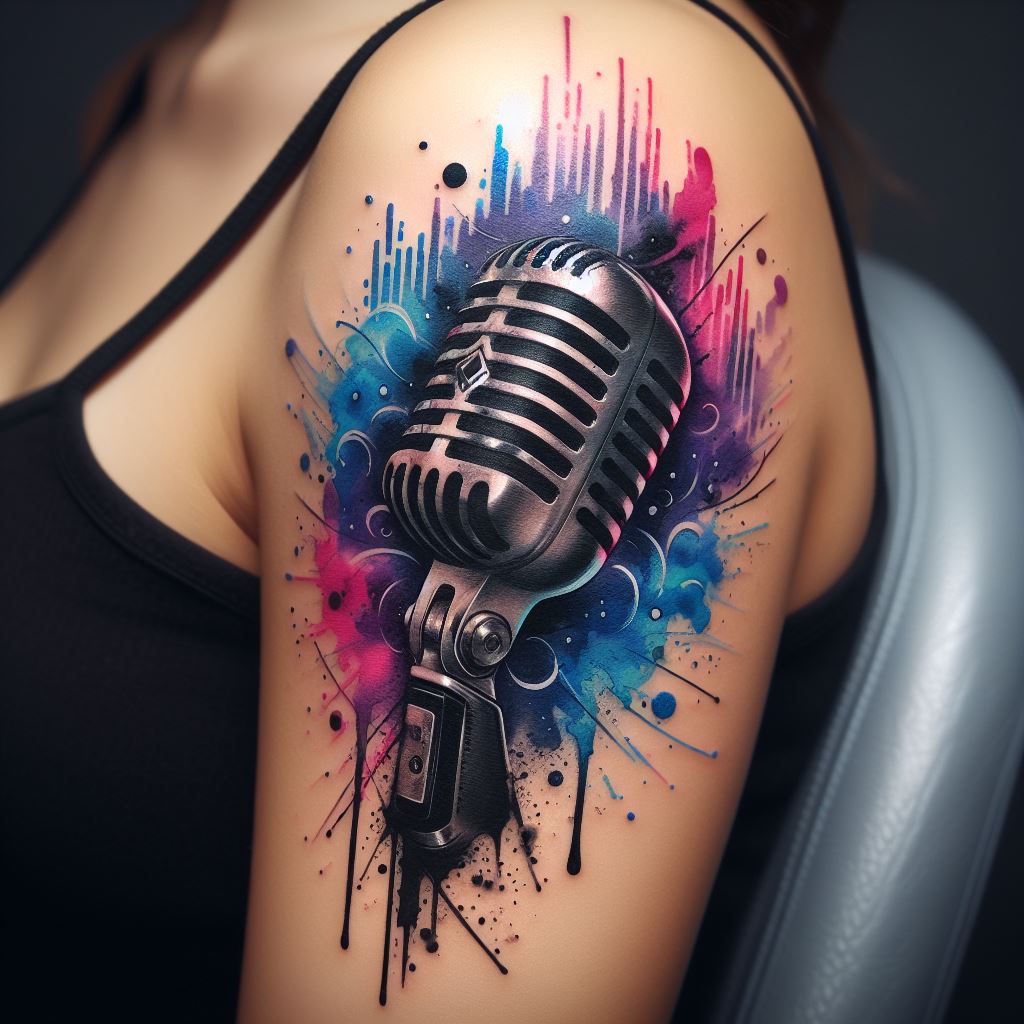 A dynamic tattoo of a vintage microphone with a splash of watercolor background, located on the upper arm. The microphone should be detailed in black ink, while the watercolor splashes behind it mimic sound waves in vibrant blues, purples, and pinks, symbolizing the power and emotion of the voice.