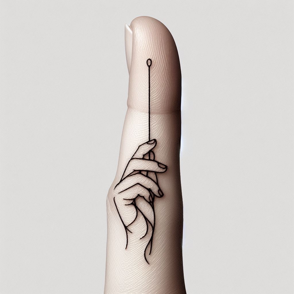 A unique, linear tattoo of a conductor's baton along the side of a finger, using fine lines to depict the slender shape and detailing of the baton. This minimalist design symbolizes leadership in music, the art of conducting, and the intricate dance between the conductor and their orchestra.