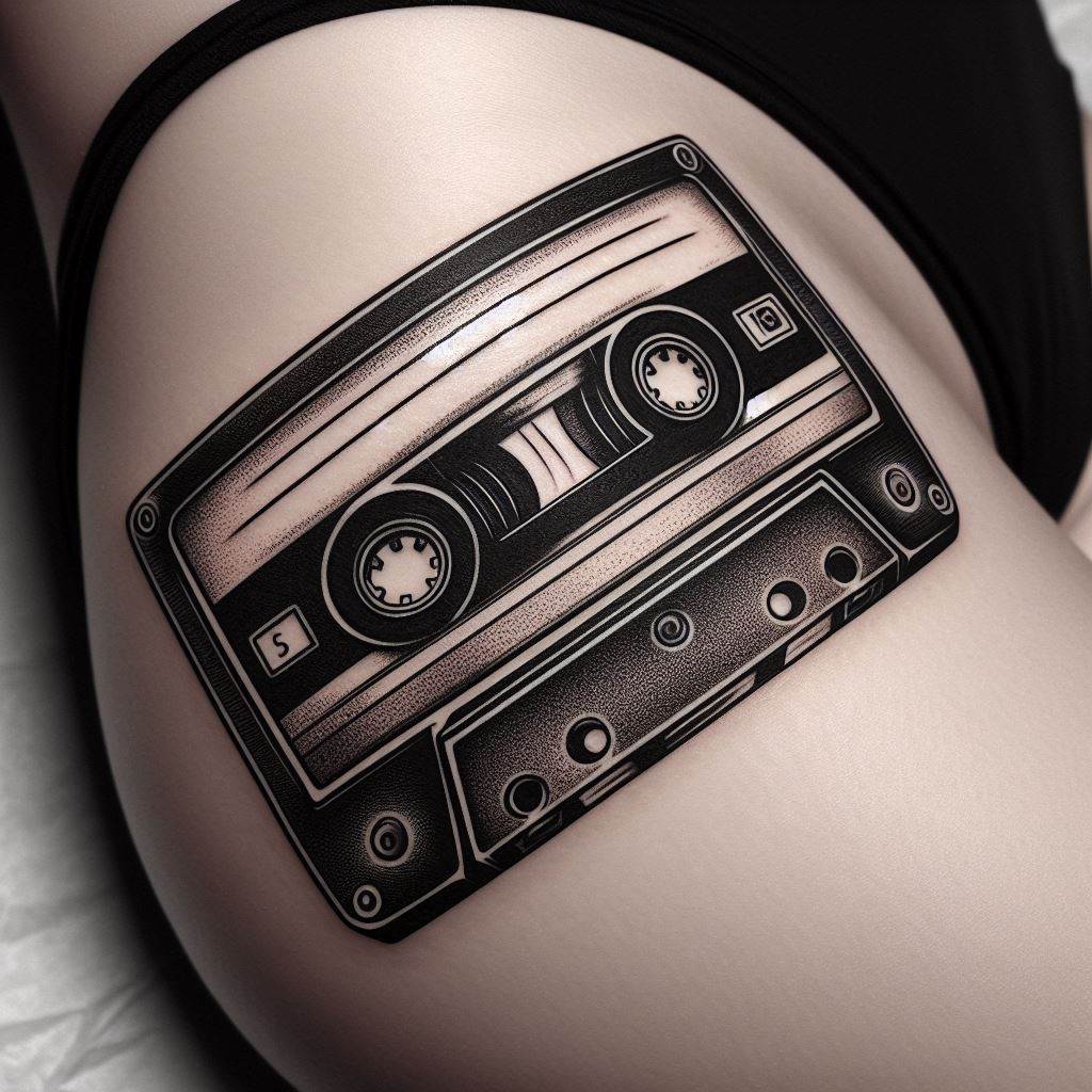A retro-inspired, black and gray tattoo of a cassette tape placed on the hip. The design features the cassette's details, including the spools, tape, and casing, evoking nostalgia for the era of mixtapes and personal compilations. This tattoo is a tribute to the personal and intimate connection many have with their music collections.