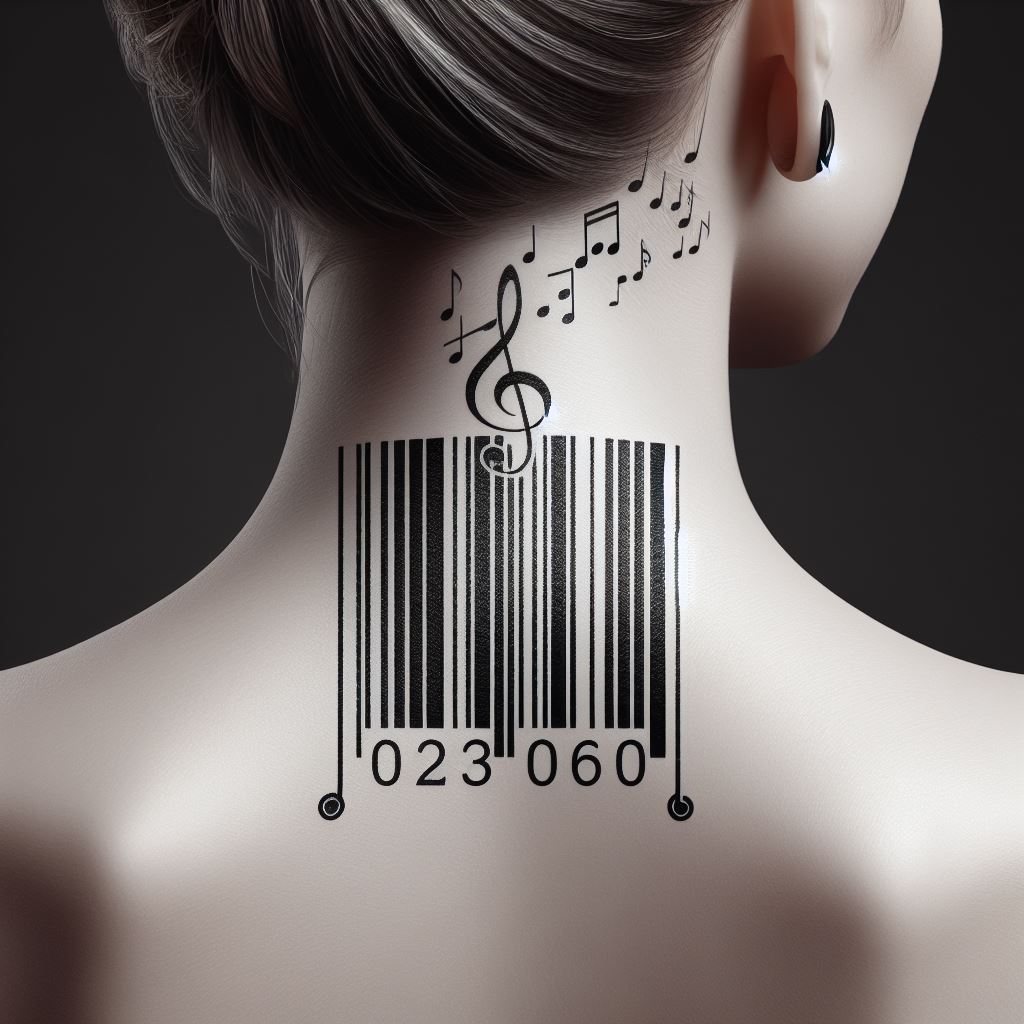 A sleek, modern tattoo that combines a barcode design with a music bar, including notes and a treble clef, positioned on the back of the neck. The design merges the digital with the musical, symbolizing the intersection of technology and music in the contemporary world.