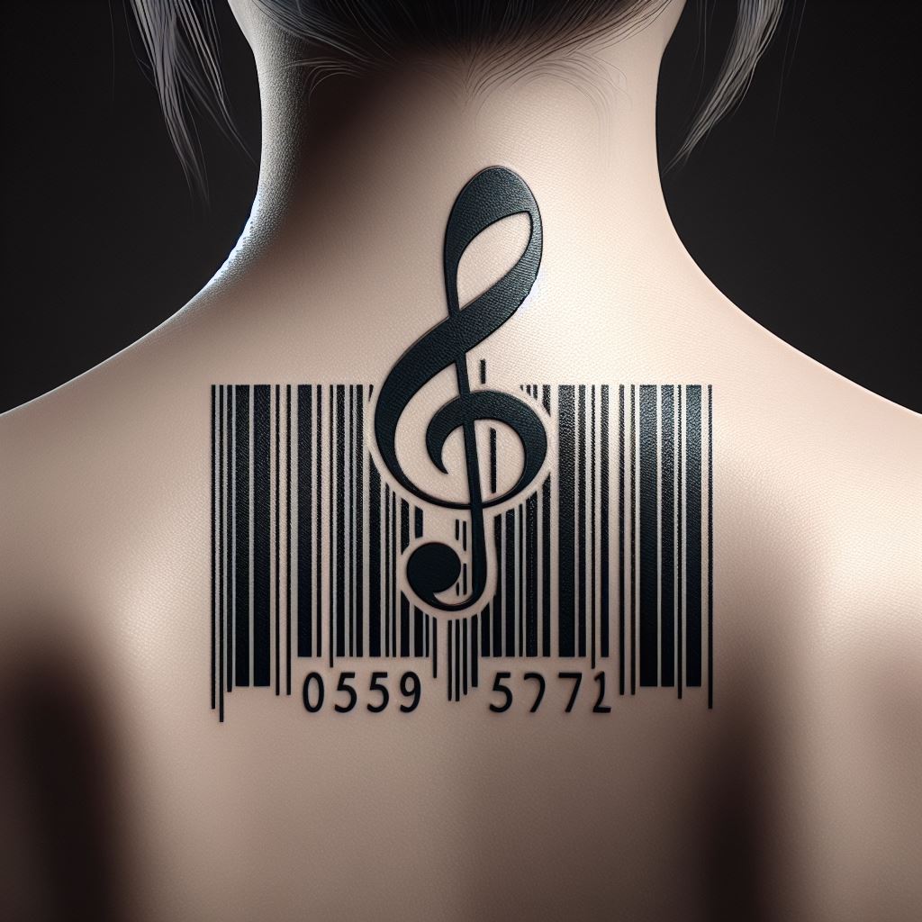 A sleek, modern tattoo that combines a barcode design with a music bar, including notes and a treble clef, positioned on the back of the neck. The design merges the digital with the musical, symbolizing the intersection of technology and music in the contemporary world.