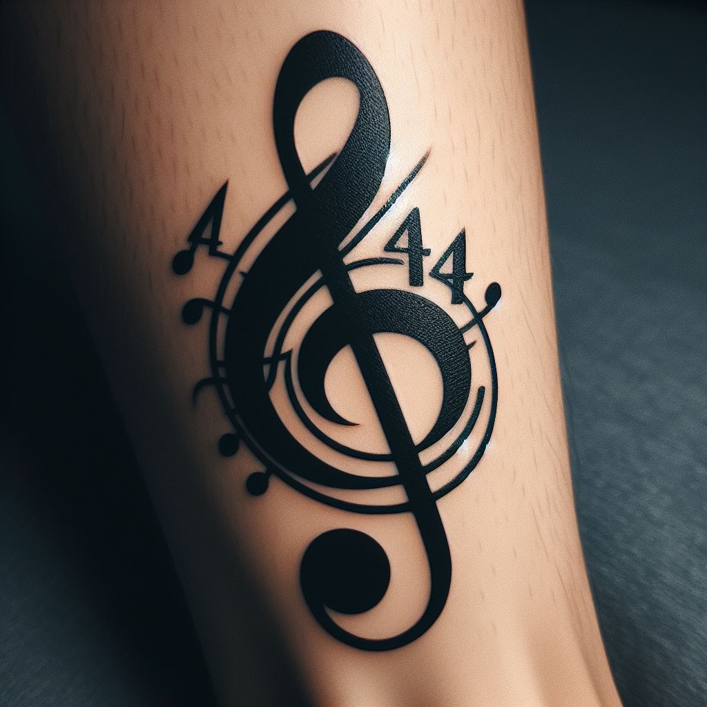 A bold, black ink tattoo featuring a large G-clef (treble clef) intertwined with a 4/4 time signature, located on the calf. This design represents the foundational elements of music notation and rhythm, appealing to those with a deep appreciation for music theory and composition.