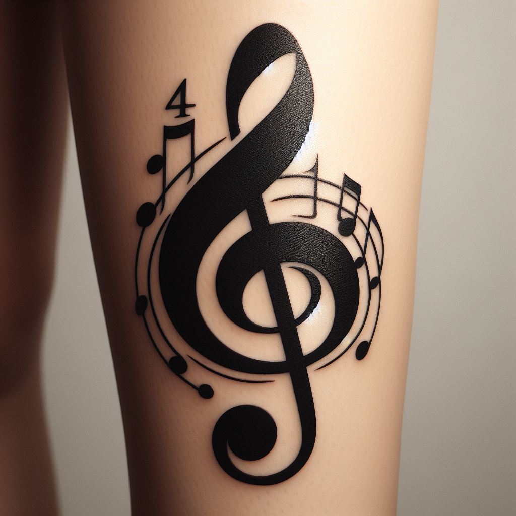 A bold, black ink tattoo featuring a large G-clef (treble clef) intertwined with a 4/4 time signature, located on the calf. This design represents the foundational elements of music notation and rhythm, appealing to those with a deep appreciation for music theory and composition.